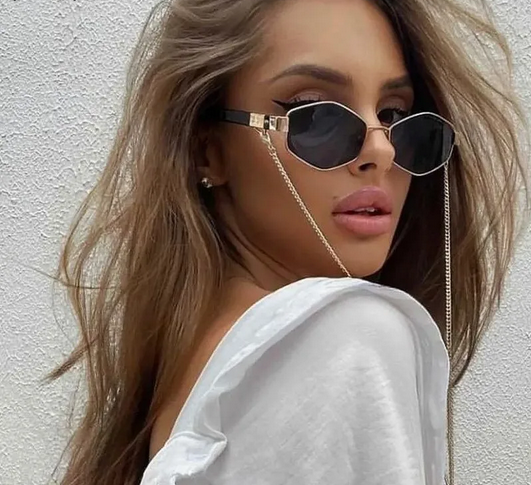Trendy Retro Hexagon With Chain Sunglasses Women