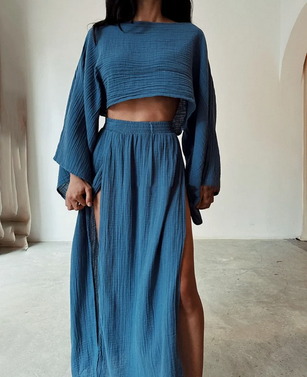 Two-piece cotton gauze lounge set in deep blue