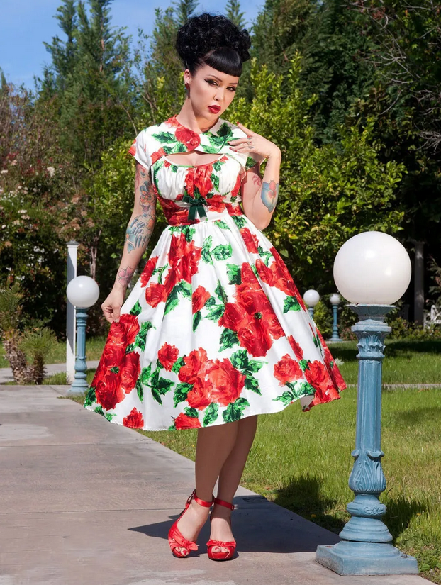 Pin-up floral dress with red roses and vintage cut