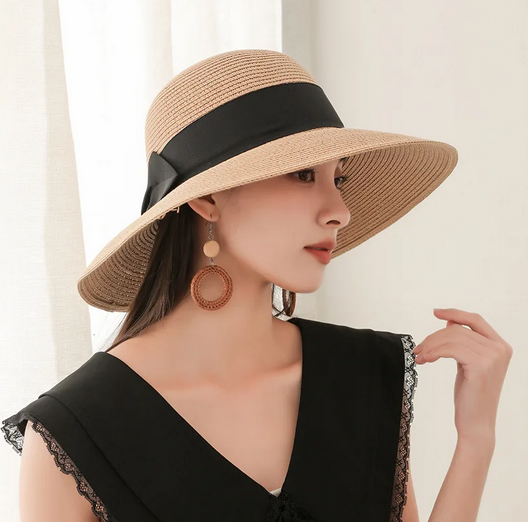  Large Eave Straw Hat for Woman Black Bow Tie EdgeSunscreen able Beach Hat 